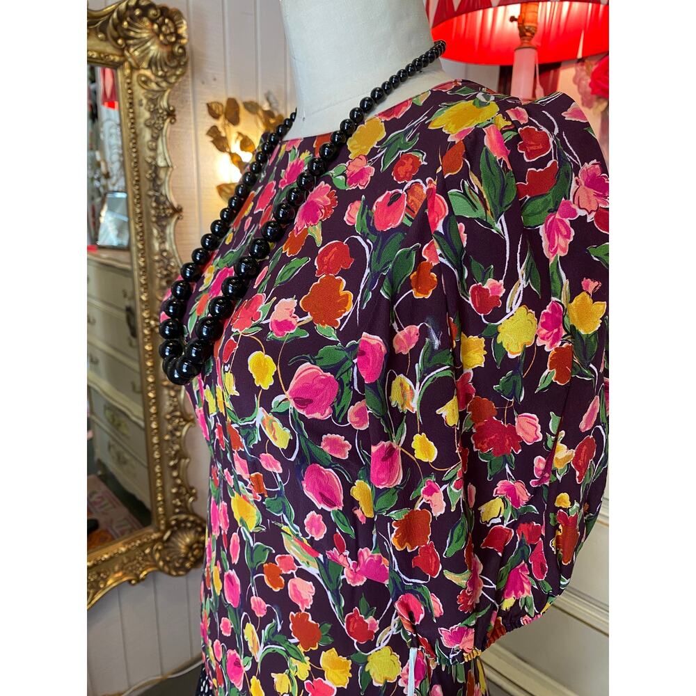 vintage style silk floral maxi dress backless puff sleeves med polka dot trim - Picture 5 of 11